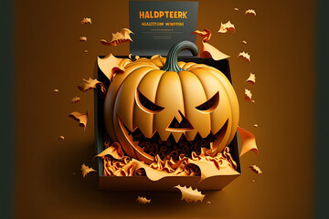 Holiday Halloween Design. Pumpkin head leaps out, frightening. Opening gift boxes Realistic pumpkin sporting a spooky grin. Web banners, party posters, brochures and flyers for advertising. a b