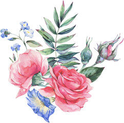 Watercolor bouquet of rose flowers transparent png
