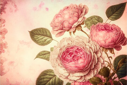 a painting of pink flowers on a pink background with green leaves and a pink background with a pink rose.