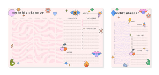 Vector weekly and monthly planners templates with y2k patches,icons and emblems.Organizer and schedule with place for notes;goals,to do list.Trendy layouts in 90s groovy aesthetic. Modern designs