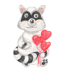 Cartoon watercolor raccoon with red ballon heart shaped. Design for Valentine's Day cards. Suitable for children's books, magazines, print