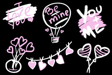 a set of phrases and cute drawings drawn in chalk on a black background. Valentine's Day
