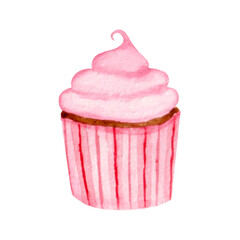 Watercolor cute pink cupcake isolated on a white background. For various products, birthday, Valentine's Day, cards etc.