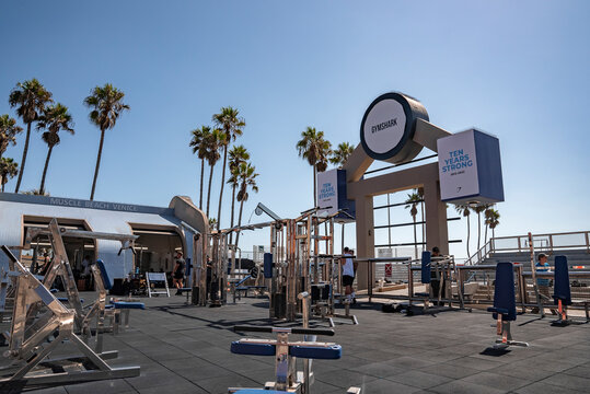 Los Angeles, USA. September 20, 2022. Various weightlifting exercise equipment in open gymshark at Muscle beach with clear blue sky in the background during sunny day