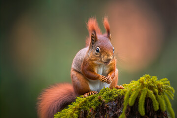Red squirrel on moss covered trunk, munching on a nut. Generative AI