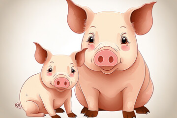 Cartoon of large and little pigs with a white backdrop. Generative AI