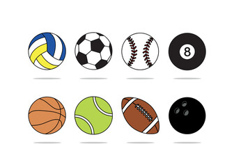 vector set of cartoon sports balls, volleyball, football, baseball, billiards, basketball, tennis, american football and bowling balls isolated on white background