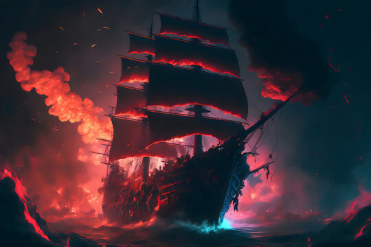 A fierce battle between a pirate frigate with black sails and a Demon Slayer ship, illuminated by cannon shots and smoke, as the stormy night sky turns red and one of the ships sinks into the depths