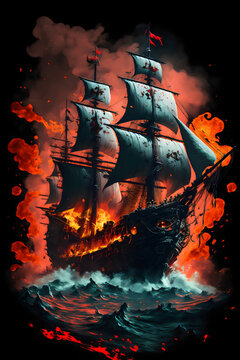A fierce battle between a pirate frigate with black sails and a Demon Slayer ship, illuminated by cannon shots and smoke, as the stormy night sky turns red and one of the ships sinks into the depths © Mauro