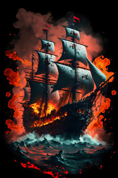 A fierce battle between a pirate frigate with black sails and a Demon Slayer ship, illuminated by cannon shots and smoke, as the stormy night sky turns red and one of the ships sinks into the depths