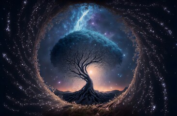 This beautiful illustration shows a tree standing among a night sky filled with stars and a distant galaxy. The scene is tranquil and peaceful, giving a sense of calm and serenity.