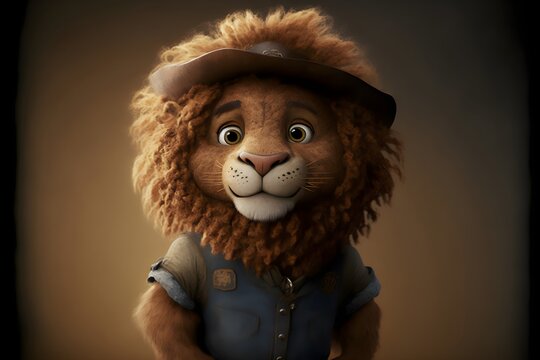 A Cute 3D Lion Portrait Wearing A Hat, With A Bright And Friendly Expression