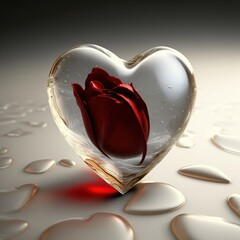 close up shiney glass Red Heart on white cloth surrounded by red rose petals