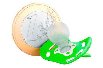 Baby pacifier with euro coin, 3D rendering