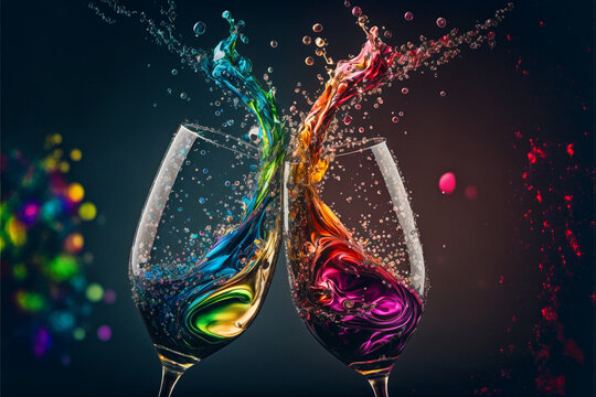 Two Glasses Full of Colorful Champagne and Glitter Clinking Together