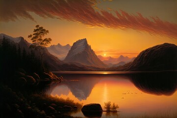 A sunset over a body of water with mountains in the background. Landscape. Art. Generative AI.