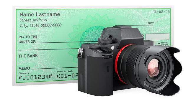 Digital camera with blank bank check, 3D rendering