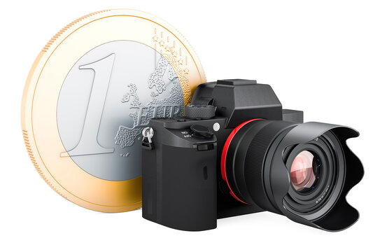 Digital camera with euro coin, 3D rendering
