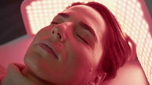 Woman relaxing led light on photodynamic procedure close up. Client phototherapy