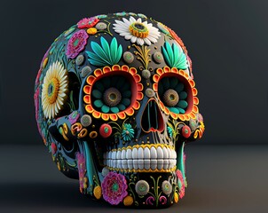illustration of a skull, traditional decoration, on the day of the dead in Mexico. 3D illustration.