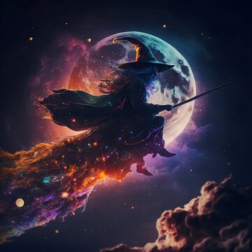 befana strega che vola sulla scopa sullo sfondo la luna piena