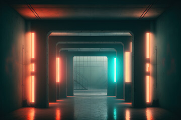 contemporary futuristic windows lined concrete hallway in a warehouse with an empty stage and neon lights. future preparation in design. Generative AI