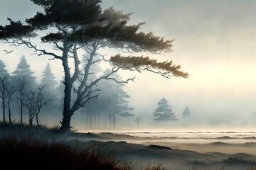 A foggy landscape with trees in the distance.  Landscape. Art. Generative AI.