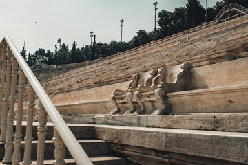 Athens, Greece - 2022: Panathenaic stadium Athens Greece. View of the Royal boxes seats from 1908...