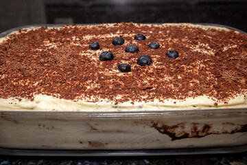 Traditional tiramisu, dessert of Italian origin in selective focus