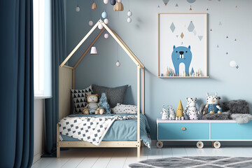 Interior mock up of a children's bedroom in a Scandinavian design with a wooden bed and soft hues,. Generative AI