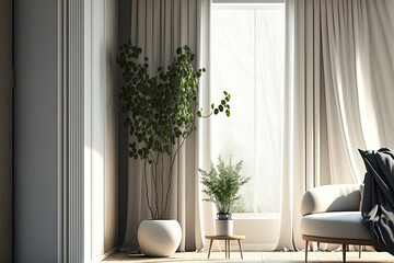 Interior design of a modern room with drapes and plants. Generative AI