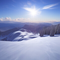 sunny sky over snow-covered mountains at dawn with fresh morning ski slope