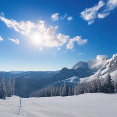 Fototapeta premium sunny sky over snow-covered mountains at dawn with fresh morning ski slope