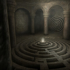 Ominous Section of a Ruined Mystical Stone Labyrinth. [Digital Art Painting. Sci-Fi / Fantasy / Historic / Horror Background. Graphic Novel, Postcard, or Product Image.]