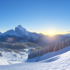 Fototapeta premium sunny sky over snow-covered mountains at dawn with fresh morning ski slope