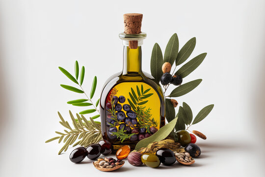 Olives, an oil bottle, and twigs on a white background. Generative AI