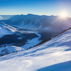 sunny sky over snow-covered mountains at dawn with fresh morning ski slope