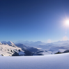 Fototapeta na wymiar sunny sky over snow-covered mountains at dawn with fresh morning ski slope
