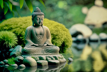 A Buddhist statue at a small lake in a zen garden. Generative AI. - obrazy, fototapety, plakaty