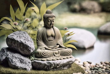 A Buddhist statue at a small lake in a zen garden. Generative AI.