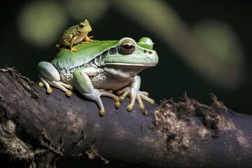 Fototapeta premium Australian white tree frog on a limb with a dumpy frog perched on it. Generative AI