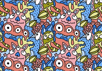 Cartoon doodle monsters seamless aliens and animals pattern for wrapping paper and fabrics and kids clothes
