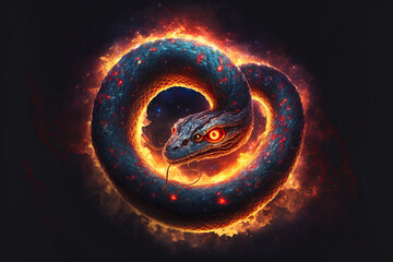 a mastodontic snake with red eyes flames wraps an the universe in his coils illustration generative ai
