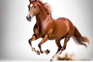 Red horse galloping on white backdrop, solitary. Generative AI