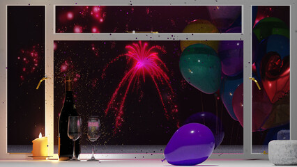 New Year celebration with champagne bottle and fireworks display outside the window. 3D render illustration.