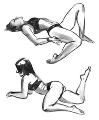 Outline sketch of the figure of a young woman from nature. Freehand drawing with pencil