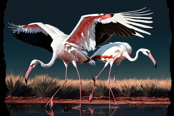 Naklejka premium ﻿A group of flamingos in a body of water - Generative AI