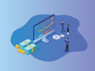 Candle stock graph with business people doing buy and sell activity