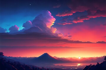 ﻿A colorful sky over a mountain range - Generative AI