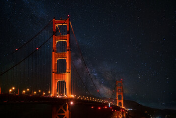 Low angle view of illuminated streetlights on Golden Gate Suspension Bridge with beautiful star...